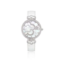 Womens Wrist Watch Flower Design White Belt 925 Sterling Silver Cubic Zirconia