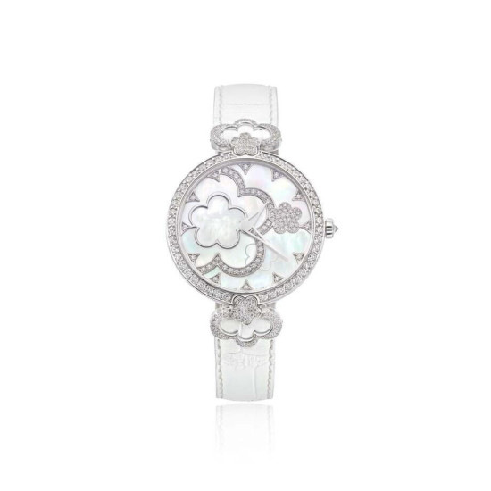 Womens Wrist Watch Flower Design White Belt 925 Sterling Silver Cubic Zirconia