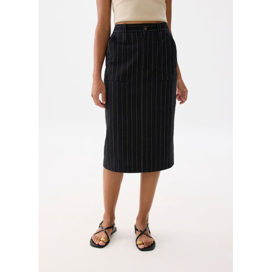 Striped Linen High Waist Column Midi Skirt