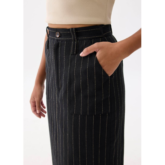 Striped Linen High Waist Column Midi Skirt