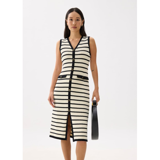 Striped Knit V-neck Column Midi Dress