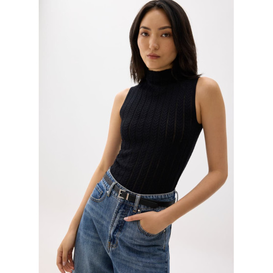 Sheer Mock Neck Fitted Knit Top