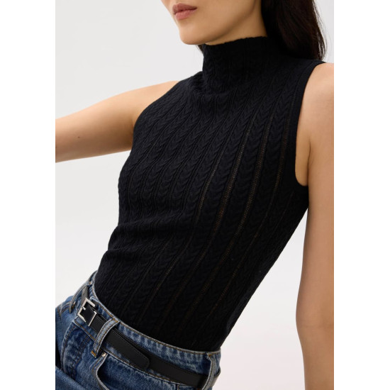 Sheer Mock Neck Fitted Knit Top