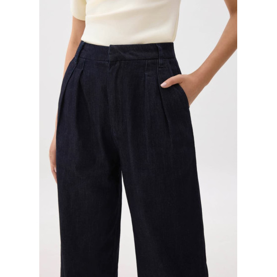 Denim Elastic Pleated Straight Leg Jeans