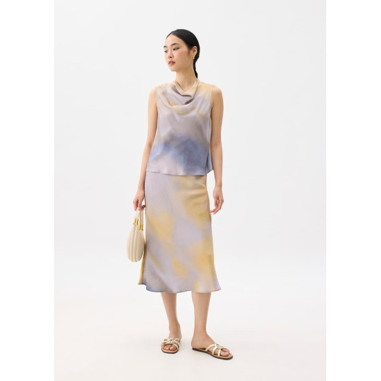 Abstract Satin Cowl Neck Shell Top