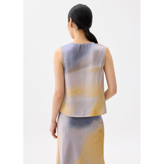 Abstract Satin Cowl Neck Shell Top