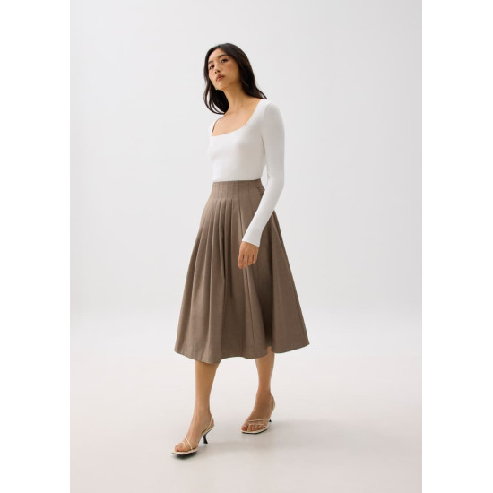 High Waist Pleated Flare Midi Skirt