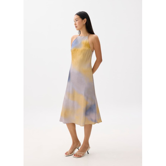 Abstract Satin Bias Cut Midi Dress