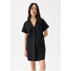 Linen Striped V-neck Shift Mini Dress