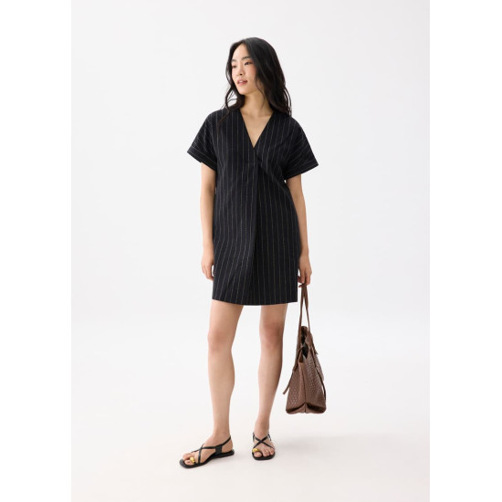 Linen Striped V-neck Shift Mini Dress