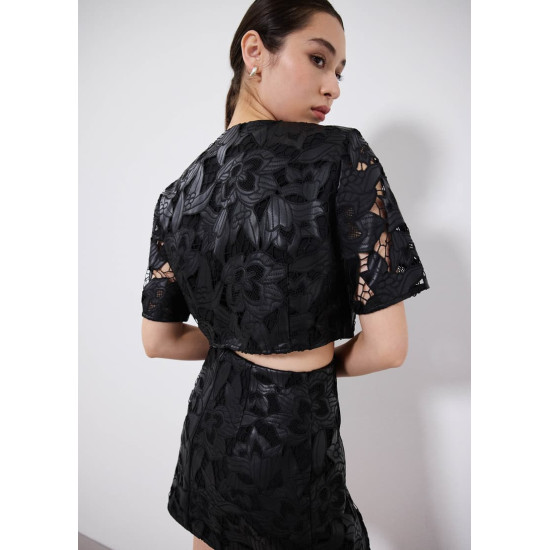 Relaxed Vegan Leather Lace Crop Top