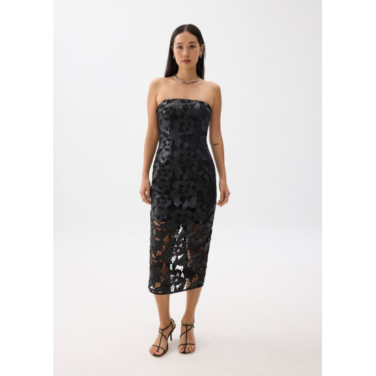 Padded Vegan Leather Lace Tube Midaxi Dress