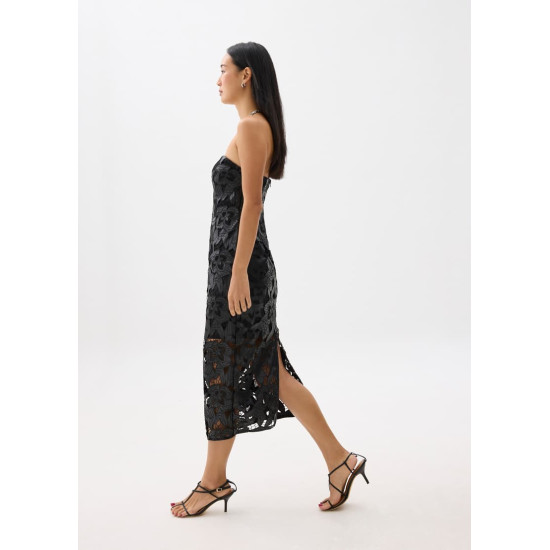 Padded Vegan Leather Lace Tube Midaxi Dress