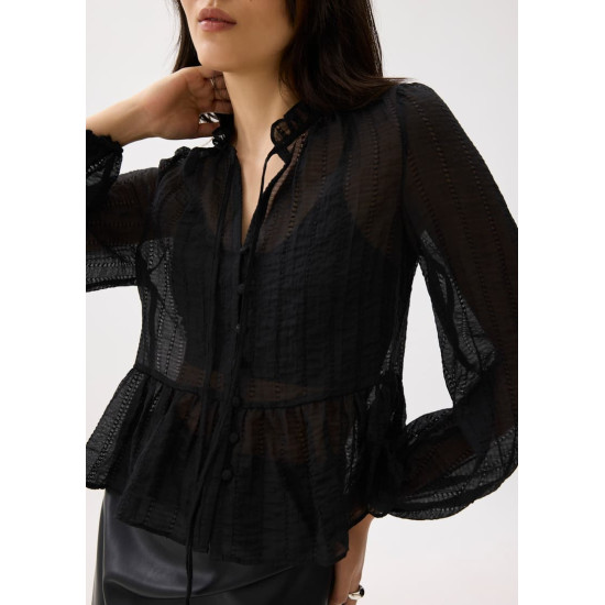 Sheer Peplum Puff Sleeve Blouse