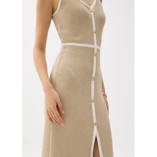 Contrast Knit V-neck Fitted Midi Dress