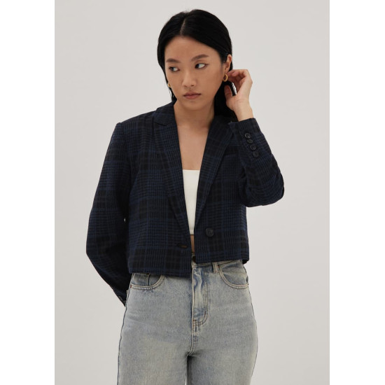 Plaid Shoulder Padded Crop Blazer