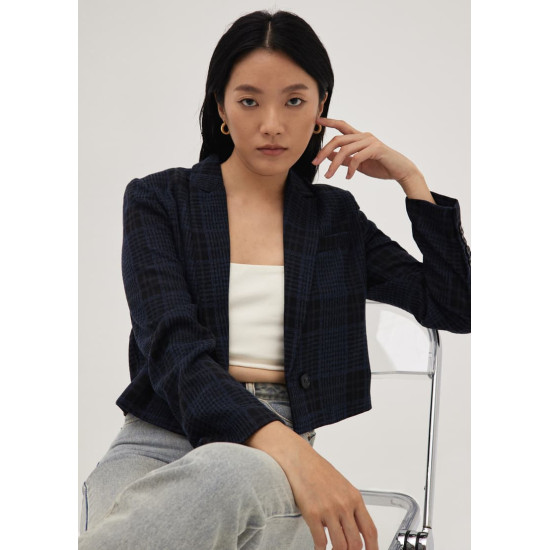 Plaid Shoulder Padded Crop Blazer