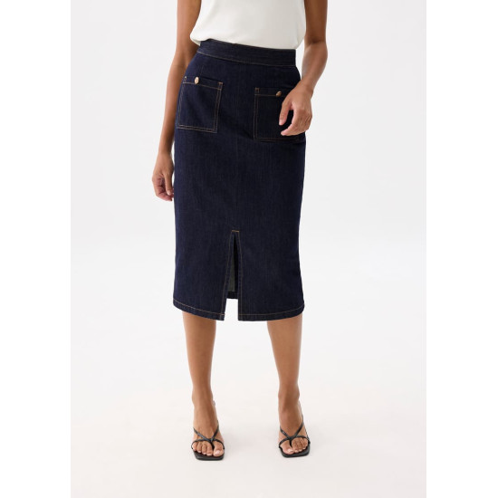 Denim High Waist Column Midi Skirt