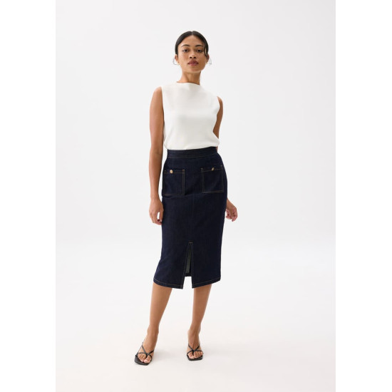 Denim High Waist Column Midi Skirt