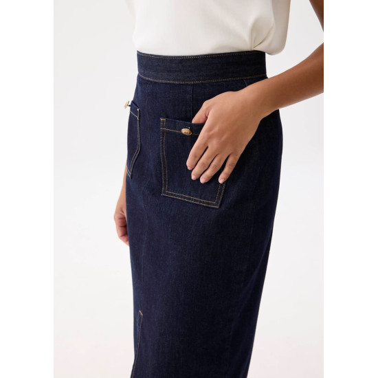 Denim High Waist Column Midi Skirt