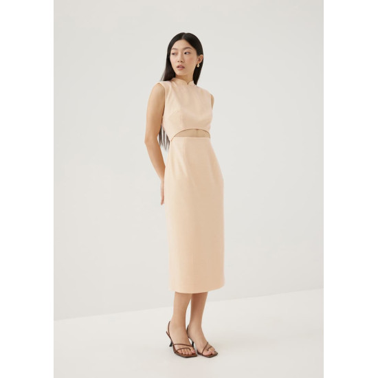 Agnes Shoulder Padded Tweed Mandarin Collar Midi Dress