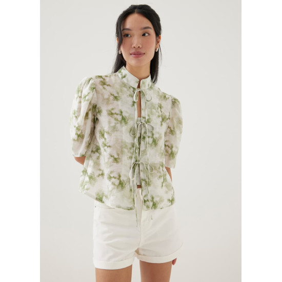 Jian Mandarin Collar Puff Sleeve Blouse in Heirloom Botanicals