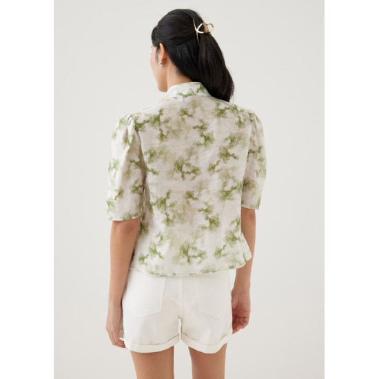 Jian Mandarin Collar Puff Sleeve Blouse in Heirloom Botanicals