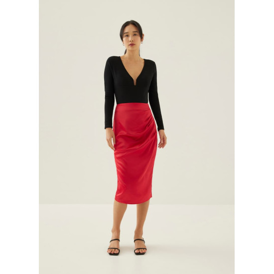 Ninda Satin Pleated Column Midi Skirt