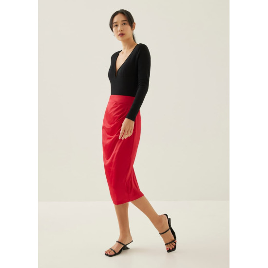 Ninda Satin Pleated Column Midi Skirt