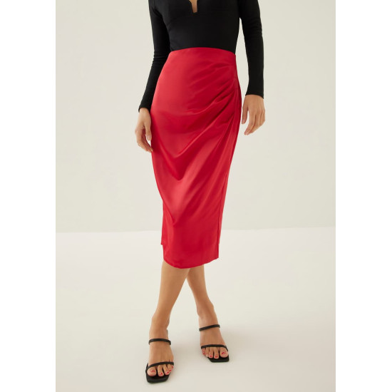 Ninda Satin Pleated Column Midi Skirt