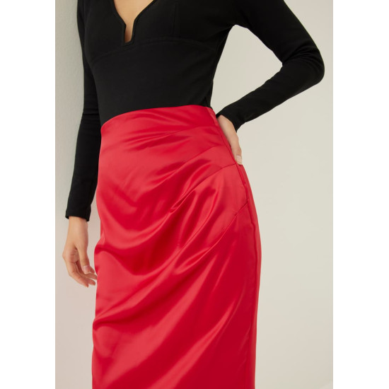 Ninda Satin Pleated Column Midi Skirt