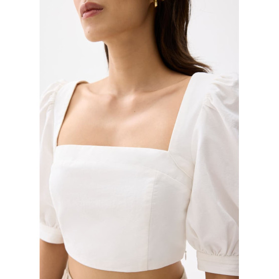 Cotton Puff Sleeve Fitted Crop Top