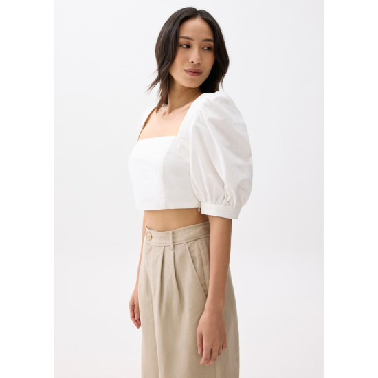 Cotton Puff Sleeve Fitted Crop Top