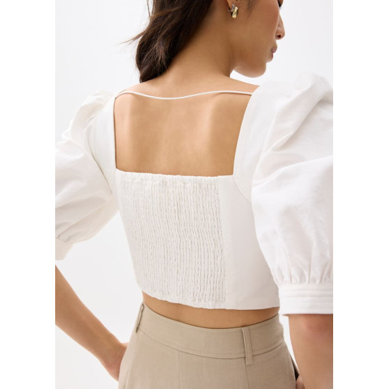 Cotton Puff Sleeve Fitted Crop Top