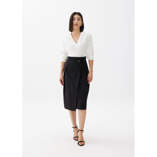 Belted Front Wrap Column Midi Skirt