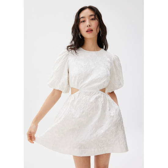 Jacquard Puff Sleeve Fit & Flare Mini Dress