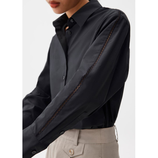 Cotton Lace Trim Collared Shirt