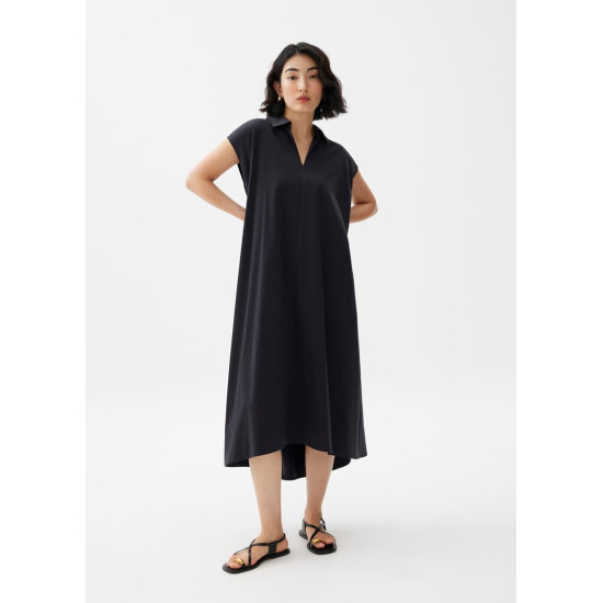 Cotton Collared Trapeze Midaxi Dress