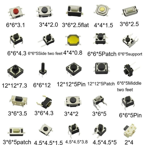 250pcs 25Values Micro Switch Assorted Push Button Tact Switches Reset  Mini Leaf Switch SMD DIP 2*4 3*6 4*4 6*6 Diy Kit + Box
