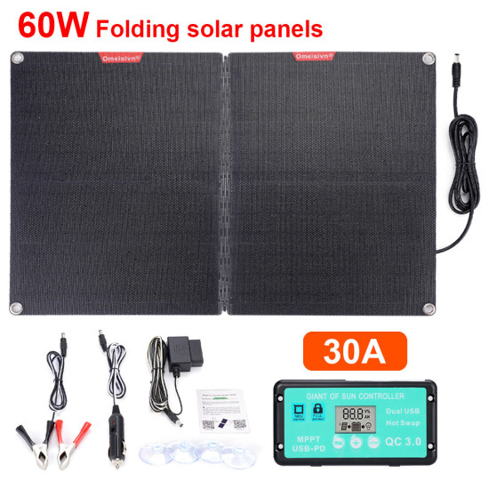 ETFF 12V 60W Folding Solar Panel 30A 60A 100A Waterproof Outdoor Battery Charger for Mobile Phones Power Bank Camera Tablet PC Car With PD QC3.0 MTTP Controller - 30A