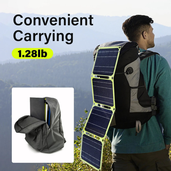 Outdoor Powerful Flexible Solar Panel 5V 28W Portable Battery Mobile Phone Charge PD QC 3.0 9V 12V for USB-A+USB-C Cells Power Bank - 3-Fold Green