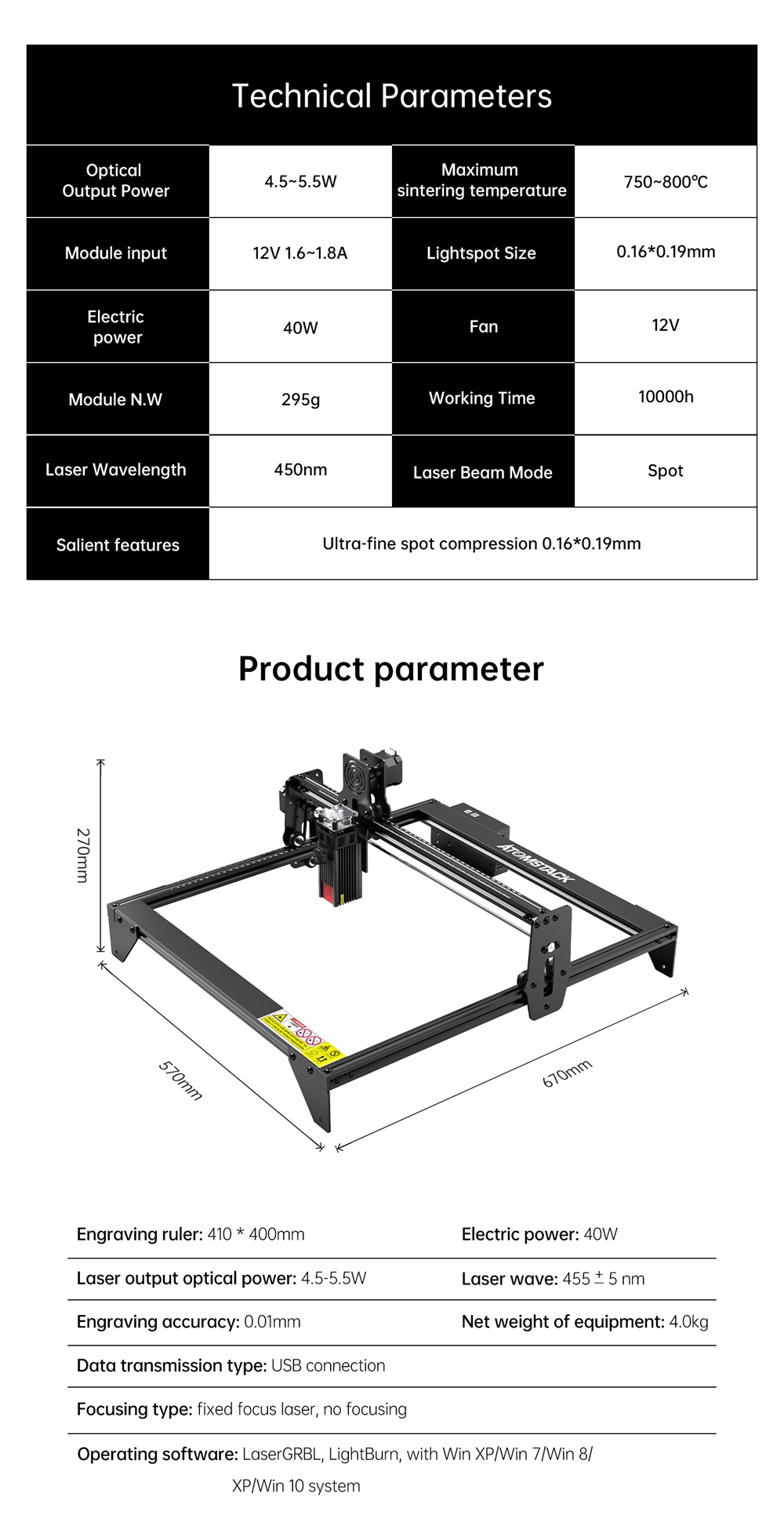 ATOMSTACK A5 M40 Laser Engraving Machine Wood Cutting Upgraded Design Desktop DIY Laser Engraver Design Support For Windows/MAC Ultra-Fine Laser Focal Area