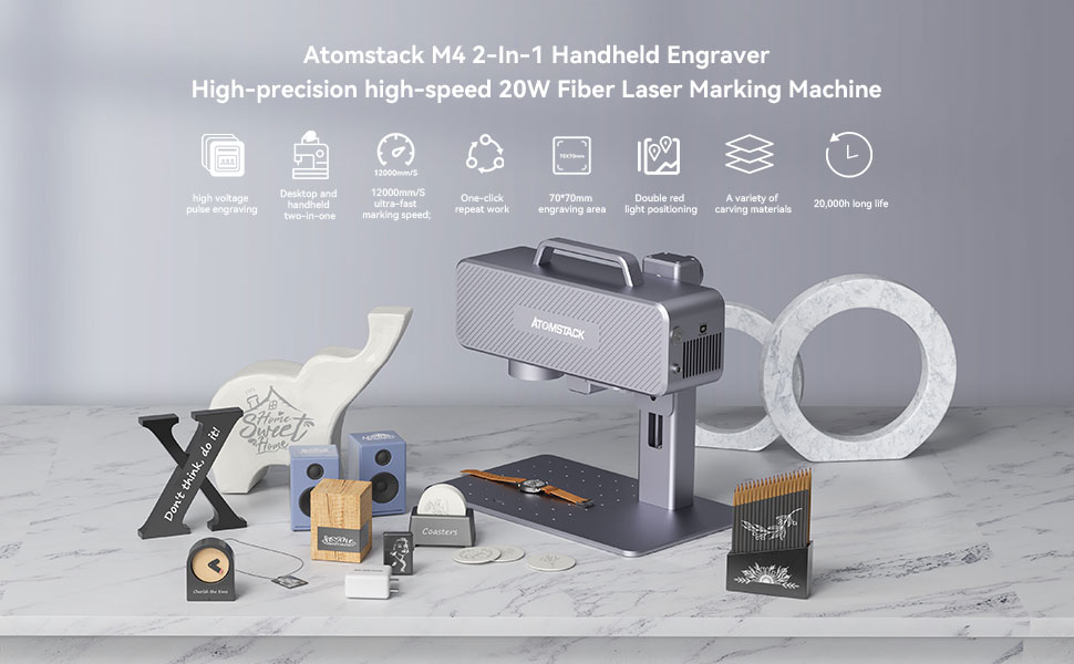 ATOMSTACK M4 Fiber Laser Engraver 12000mm/S Ultra-fast Marking Speed Portable Desktop/Handheld 2-in-1 High-Precision Industrial Grade Marking Machine