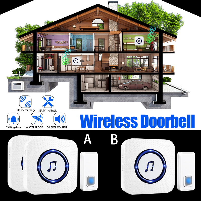 Wireless Chime Door Bell Waterproof 55 Ringtone 300M Range Alarm Doorbell IP55