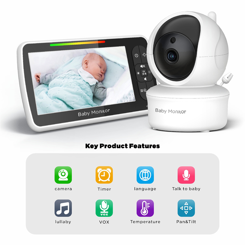 5inch Video Baby Monitor with Camera Remote PTZ Viewing Auto Infrared Night Vision Two-way Intercome Timer Setting Lullabies Temperature Monitoring Security Camcorder