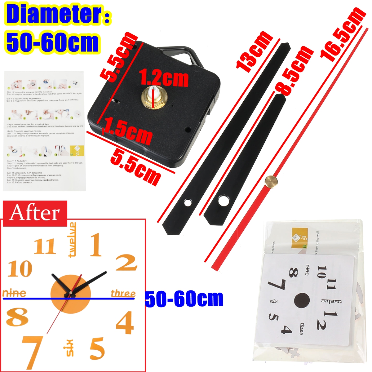 50-60CM/100-120CM 3D Vintage DIY Silent Mirror Wall Clock For Home Art Decor