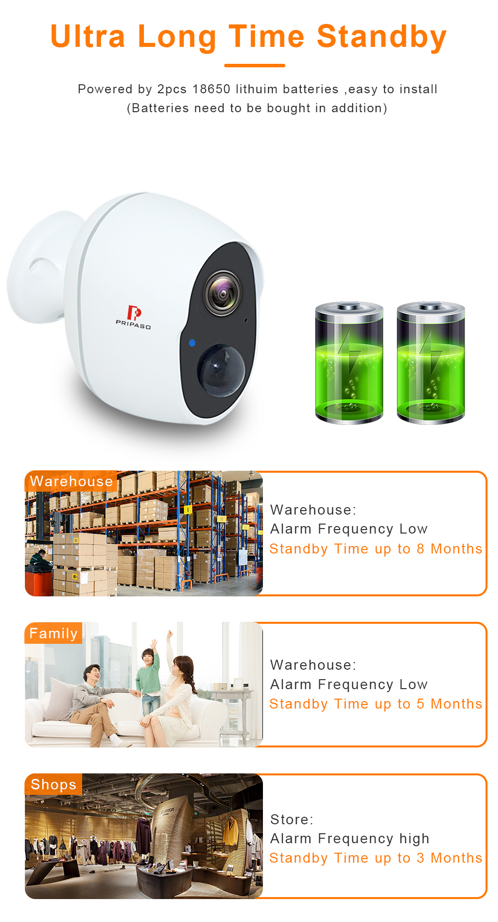 Pripaso 1080P Wireless Battery Powered IP CCTV Camera Outdoor Indoor Home Waterproof Security Rechargeable Wifi Battery Camera