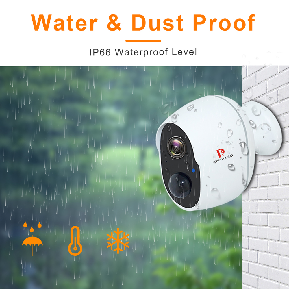 Pripaso 1080P Wireless Battery Powered IP CCTV Camera Outdoor Indoor Home Waterproof Security Rechargeable Wifi Battery Camera