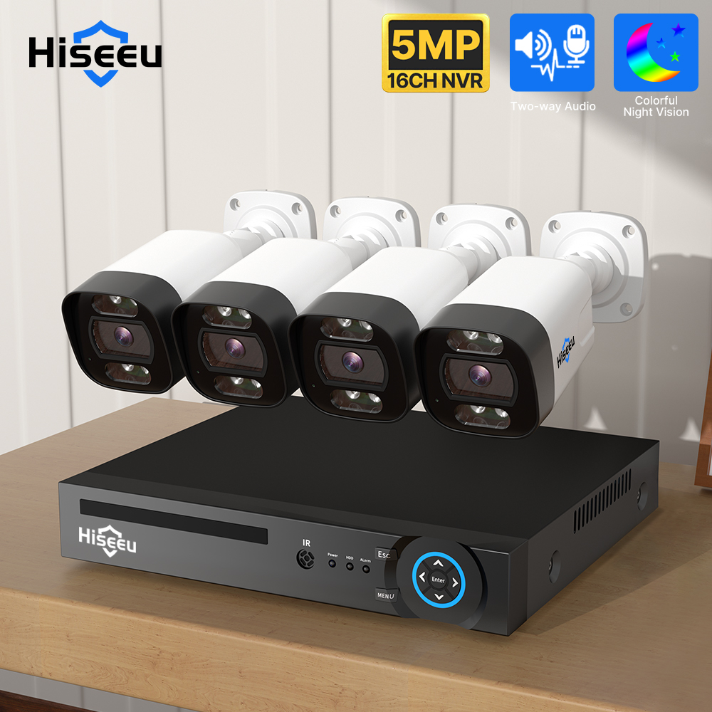 Hiseeu 4Pcs POE H.265+ Security IP Cameras 8CH 5MP NVR Camera System Support Audio Night Vision 10m IP66 Waterproof Onvif