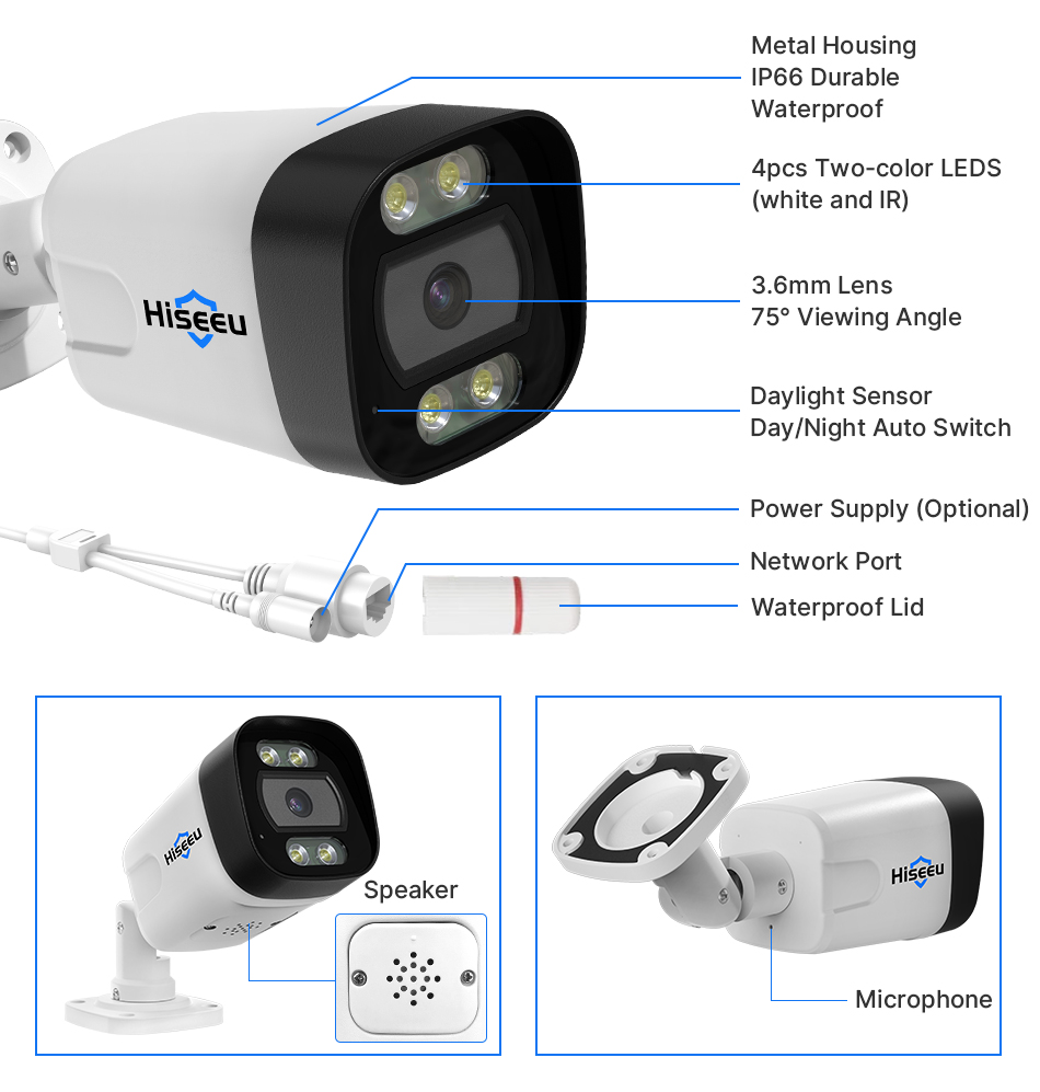 Hiseeu 4Pcs POE H.265+ Security IP Cameras 8CH 5MP NVR Camera System Support Audio Night Vision 10m IP66 Waterproof Onvif